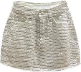 Women Denim Skirt Full Diamond Slim High Waist A-line Wrap Hip Mini Skirts Summer