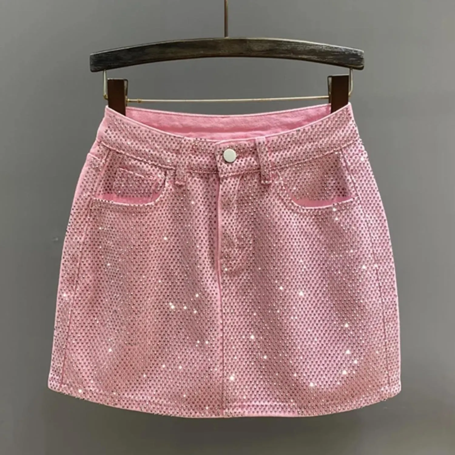 Women Denim Skirt Full Diamond Slim High Waist A-line Wrap Hip Mini Skirts Summer