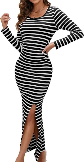 Women's Bodycon Maxi Dresses Casual Fall Long Sleeve Striped Ribbed Knit Fitted Slit Vacation Semi Formal Long Dress 2024 Black White