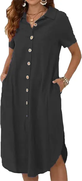 Womens Cotton Linen Shirt Dress Summer Casual Short Sleeve Cover Up Dress Button Down Beach Vacation Dresses Pockets