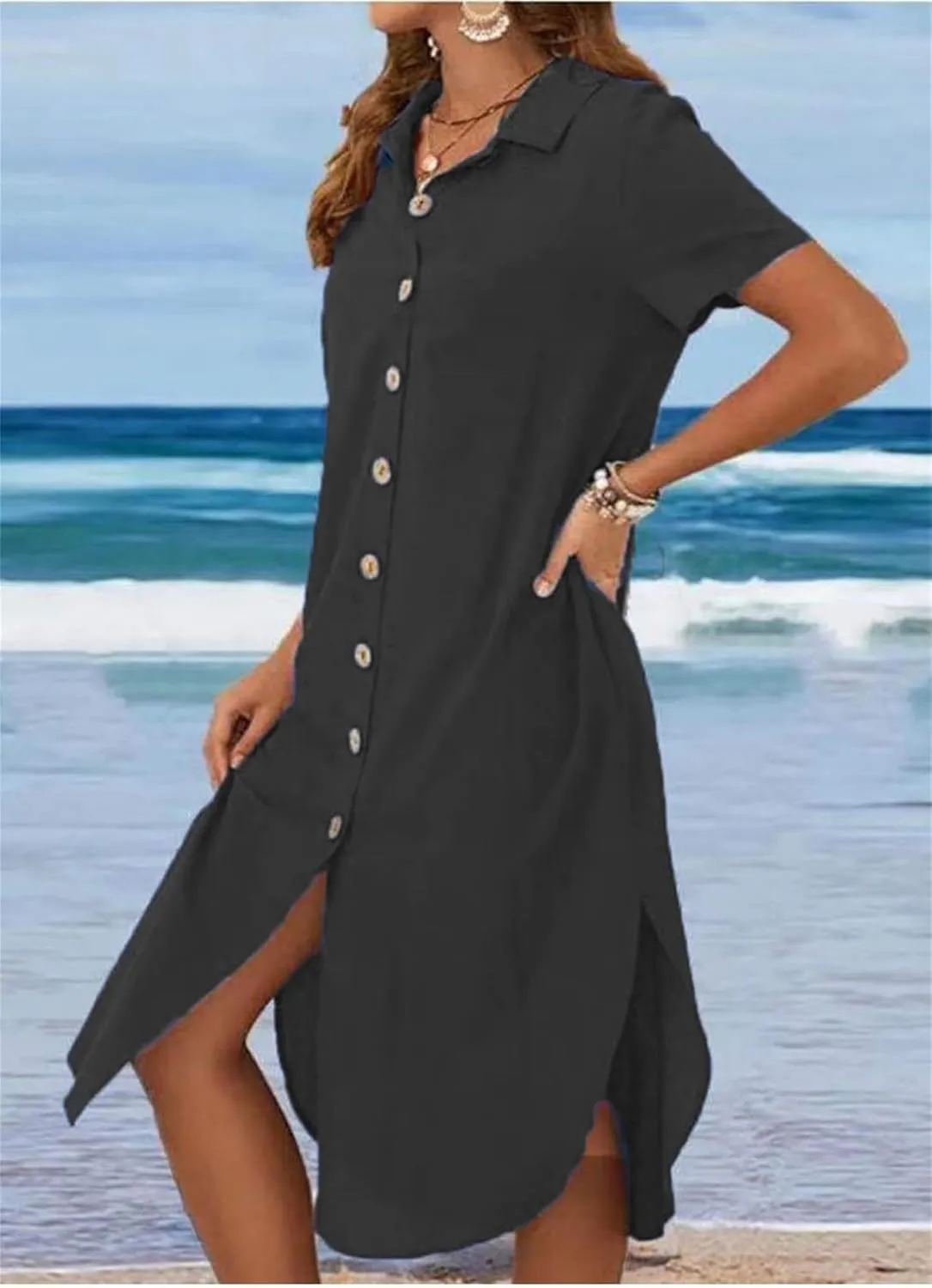 Womens Cotton Linen Shirt Dress Summer Casual Short Sleeve Cover Up Dress Button Down Beach Vacation Dresses Pockets