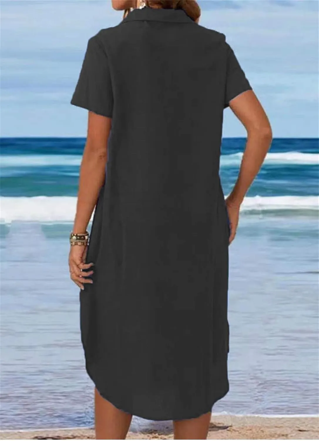 Womens Cotton Linen Shirt Dress Summer Casual Short Sleeve Cover Up Dress Button Down Beach Vacation Dresses Pockets