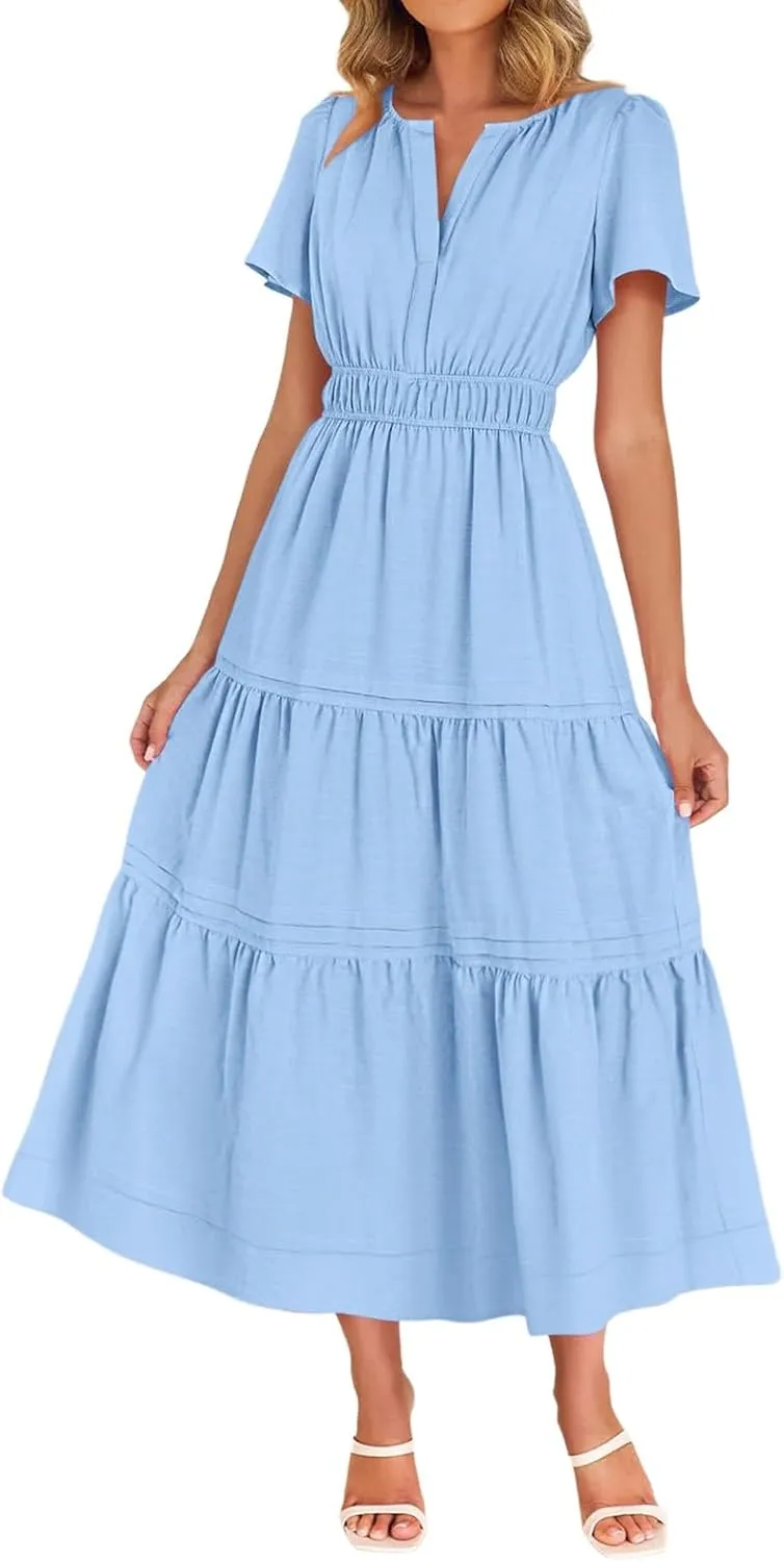 Women's Midi Dresses 2025 Summer Casual Short Sleeve V Neck Elastic Waist Elegant Boho Flowy Long Dress with Pocket