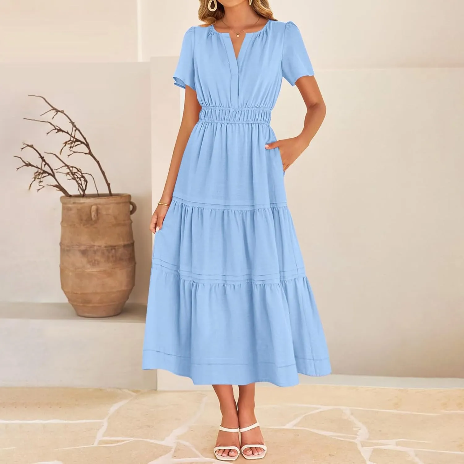 Women's Midi Dresses 2025 Summer Casual Short Sleeve V Neck Elastic Waist Elegant Boho Flowy Long Dress with Pocket