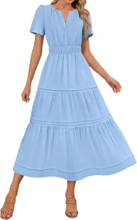 Women's Midi Dresses 2025 Summer Casual Short Sleeve V Neck Elastic Waist Elegant Boho Flowy Long Dress with Pocket