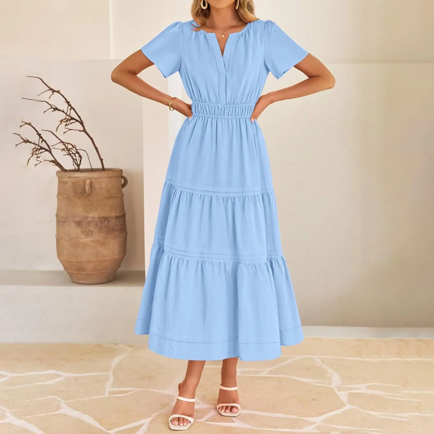 Women's Midi Dresses 2025 Summer Casual Short Sleeve V Neck Elastic Waist Elegant Boho Flowy Long Dress with Pocket