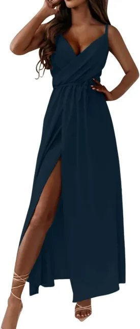 Women's Spaghetti Strap Ruched Wrap Tie Waist Pleated Front Split A Line Midi Dress Summer Cocktail Wedding Guest Dress
