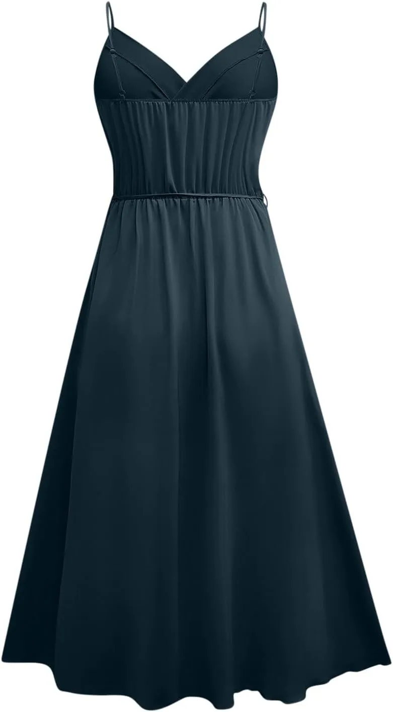 Women's Spaghetti Strap Ruched Wrap Tie Waist Pleated Front Split A Line Midi Dress Summer Cocktail Wedding Guest Dress