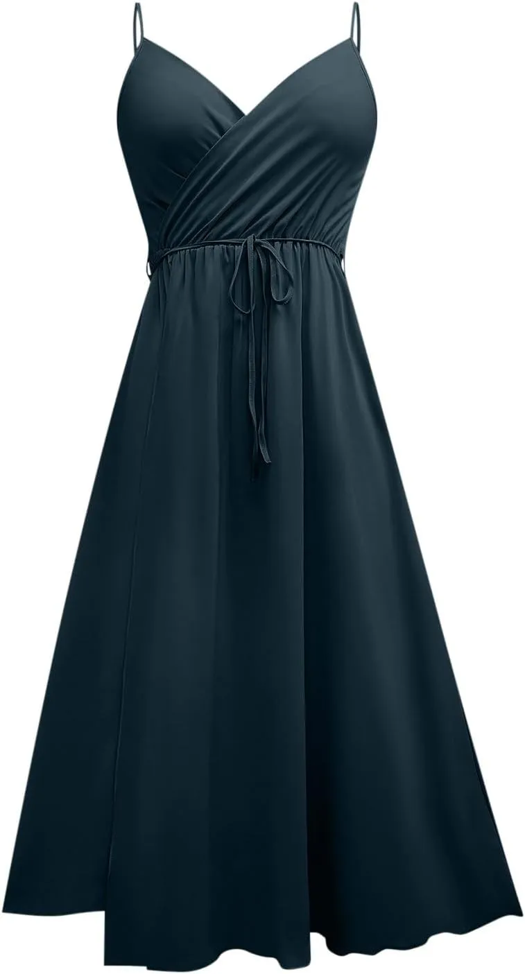 Women's Spaghetti Strap Ruched Wrap Tie Waist Pleated Front Split A Line Midi Dress Summer Cocktail Wedding Guest Dress