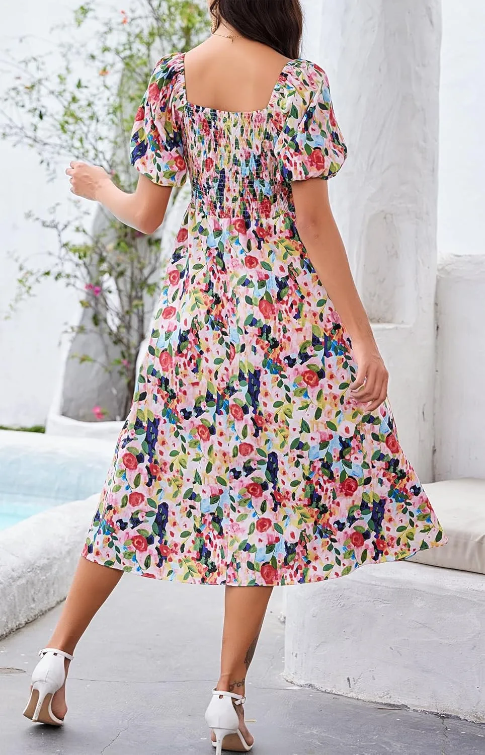 Women's Square Neck Floral Long Dress Puff Short Sleeve High Waist Smocked Midi Dress