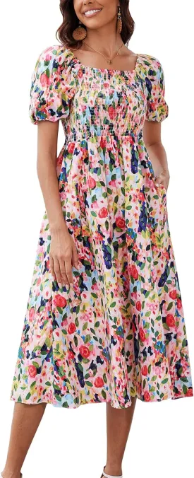 Women's Square Neck Floral Long Dress Puff Short Sleeve High Waist Smocked Midi Dress