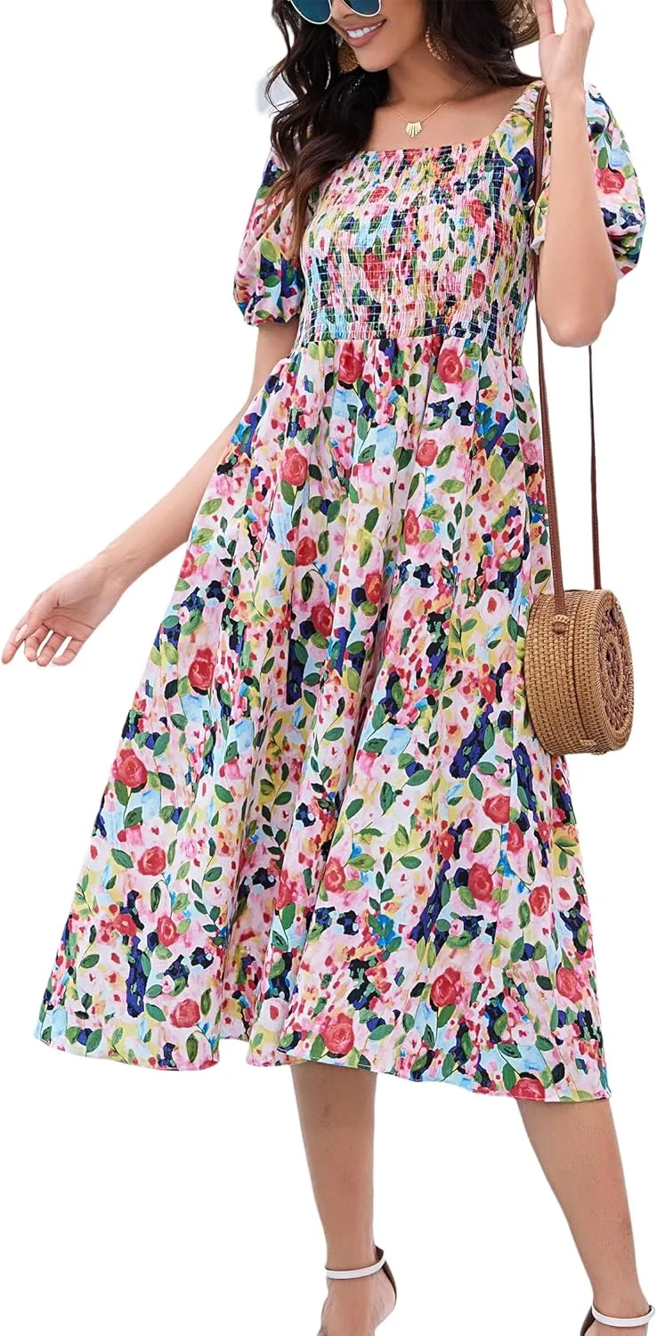 Women's Square Neck Floral Long Dress Puff Short Sleeve High Waist Smocked Midi Dress