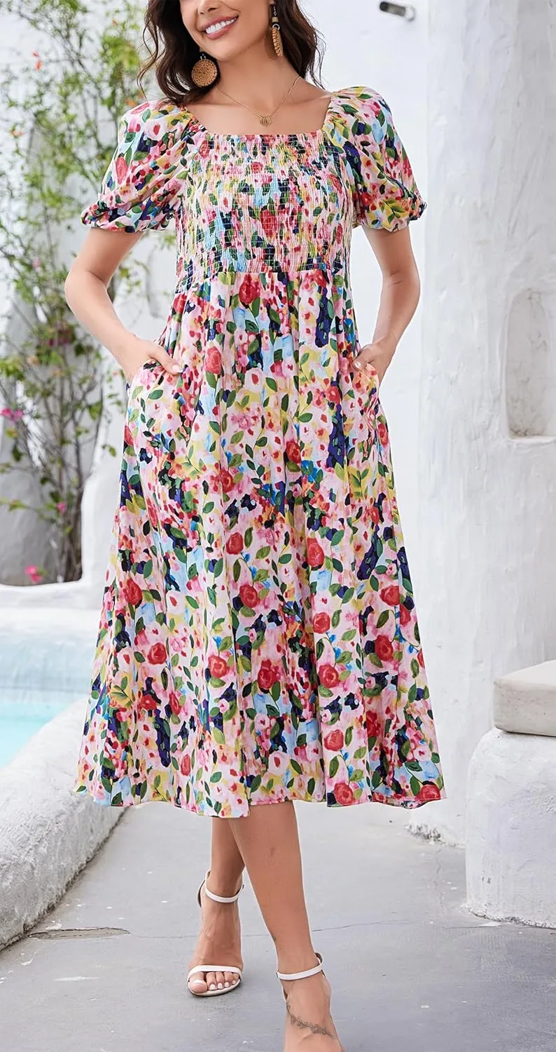 Women's Square Neck Floral Long Dress Puff Short Sleeve High Waist Smocked Midi Dress
