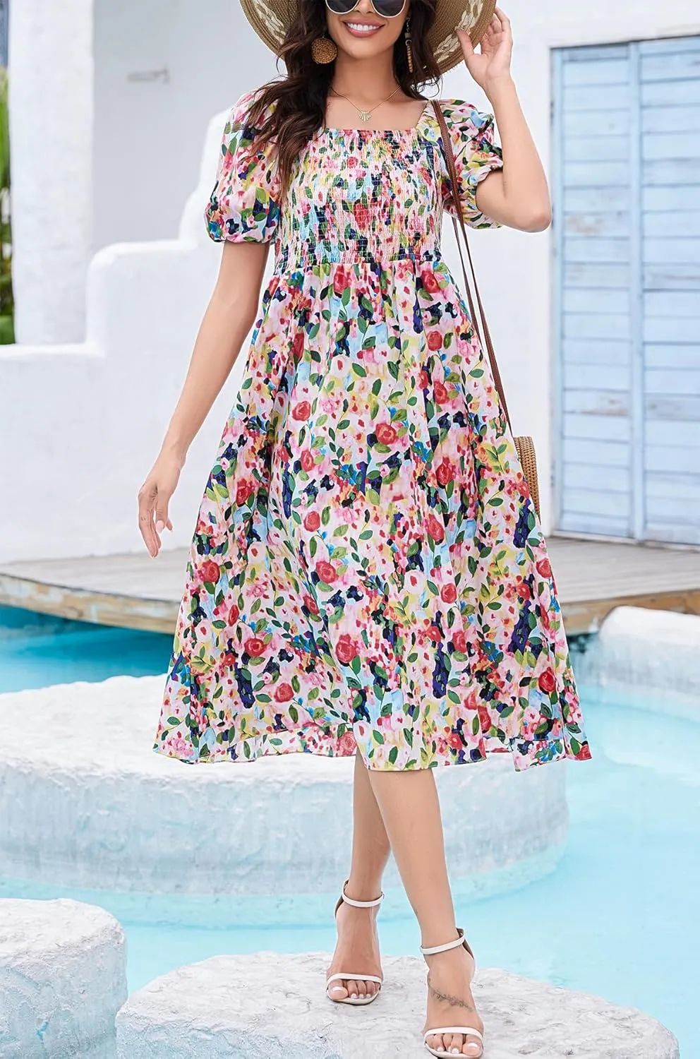 Women's Square Neck Floral Long Dress Puff Short Sleeve High Waist Smocked Midi Dress
