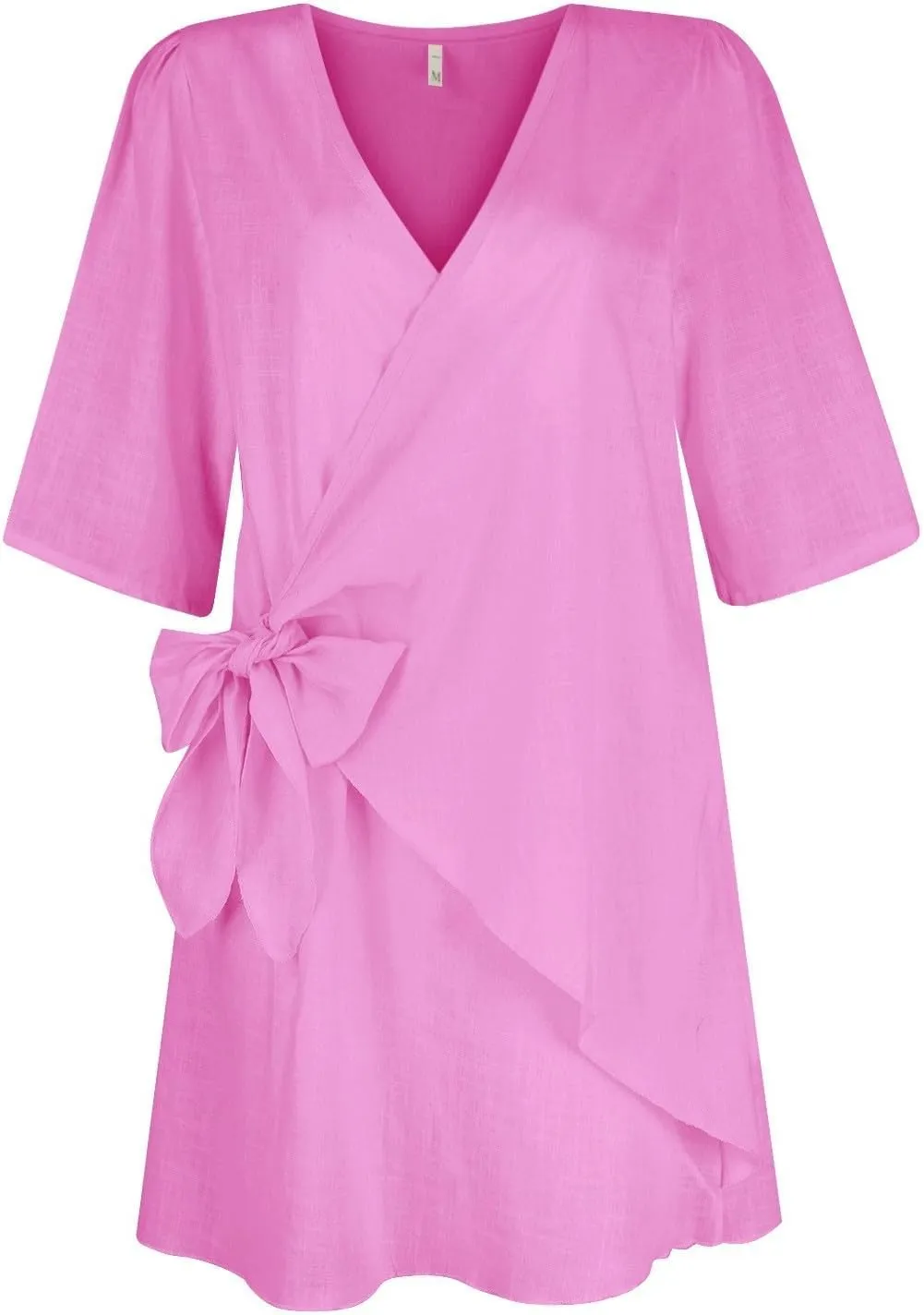 Womens Summer Linen Dresses V-Neck Short Sleeve Wrap Tie Mini Dress Beach Vacation Cocktail Dress