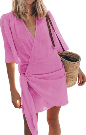 Womens Summer Linen Dresses V-Neck Short Sleeve Wrap Tie Mini Dress Beach Vacation Cocktail Dress