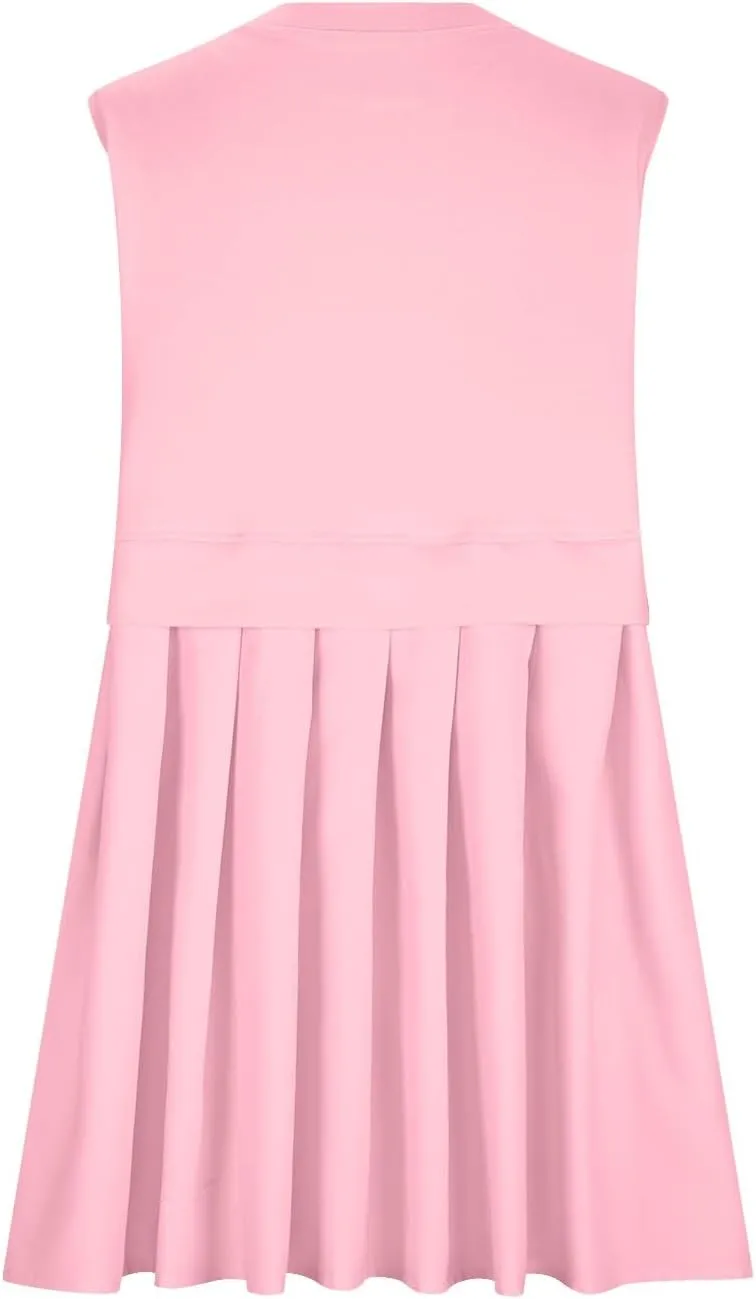 Womens Summer Sweatshirt Dresses Casual Crewneck Sleeveless Patchwork Pleated A Line Short Mini Dress Beach Sundresses