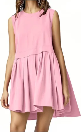 Womens Summer Sweatshirt Dresses Casual Crewneck Sleeveless Patchwork Pleated A Line Short Mini Dress Beach Sundresses