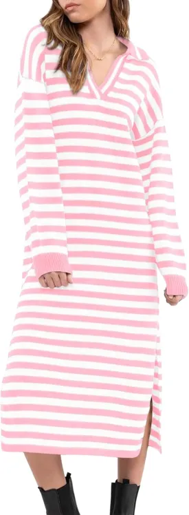 Yousify Sweater Dress for Women Long Sleeve Striped Color Block V Neck Casual Fall Dresses XS-XL