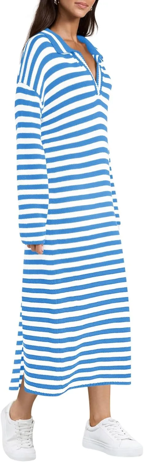 Yousify Sweater Dress for Women Long Sleeve Striped Color Block V Neck Casual Fall Dresses XS-XL