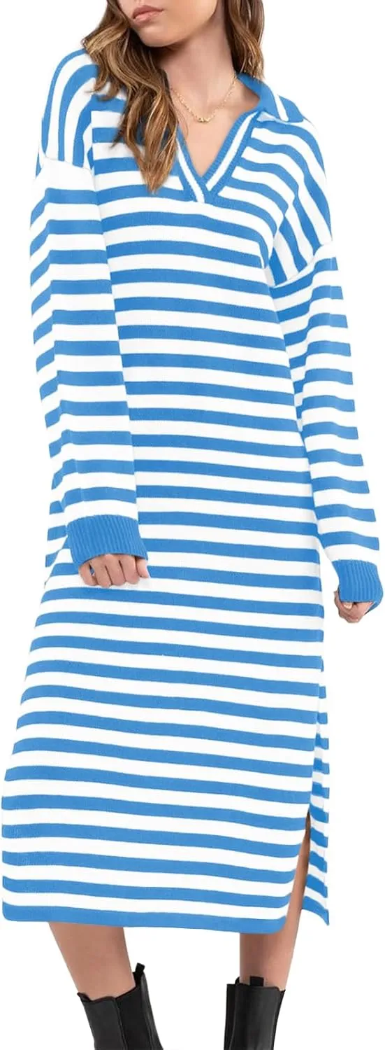 Yousify Sweater Dress for Women Long Sleeve Striped Color Block V Neck Casual Fall Dresses XS-XL
