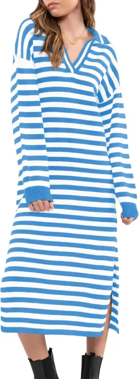 Yousify Sweater Dress for Women Long Sleeve Striped Color Block V Neck Casual Fall Dresses XS-XL