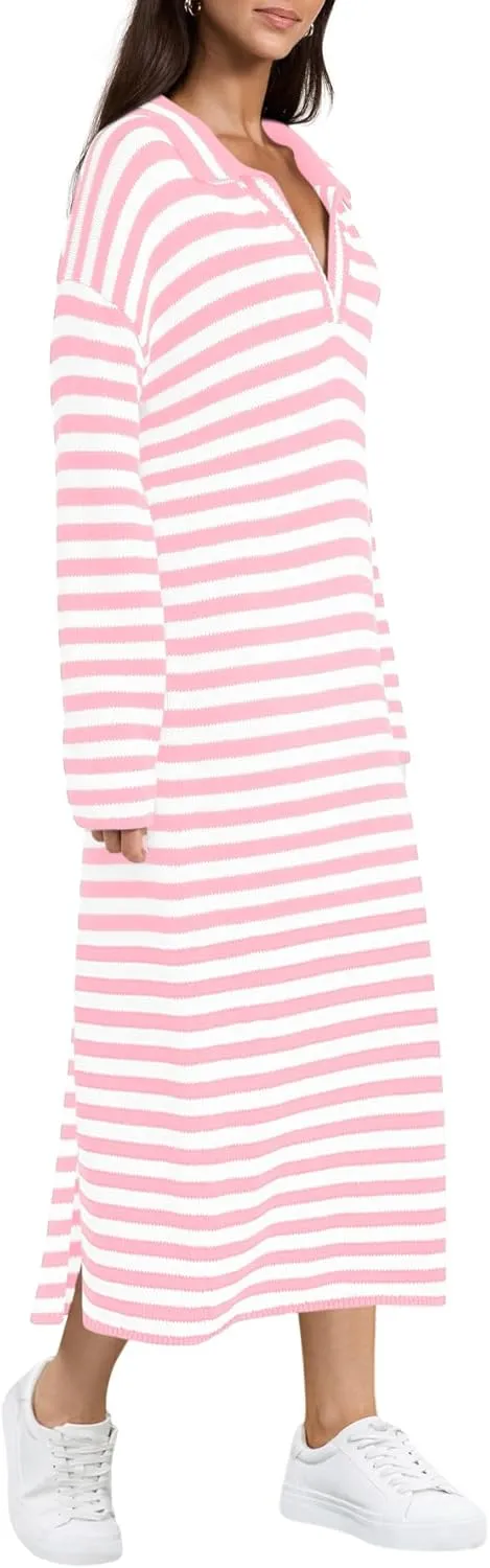 Yousify Sweater Dress for Women Long Sleeve Striped Color Block V Neck Casual Fall Dresses XS-XL
