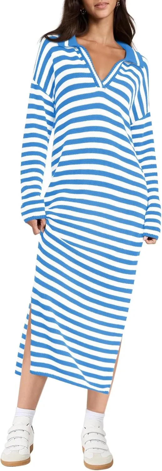 Yousify Sweater Dress for Women Long Sleeve Striped Color Block V Neck Casual Fall Dresses XS-XL