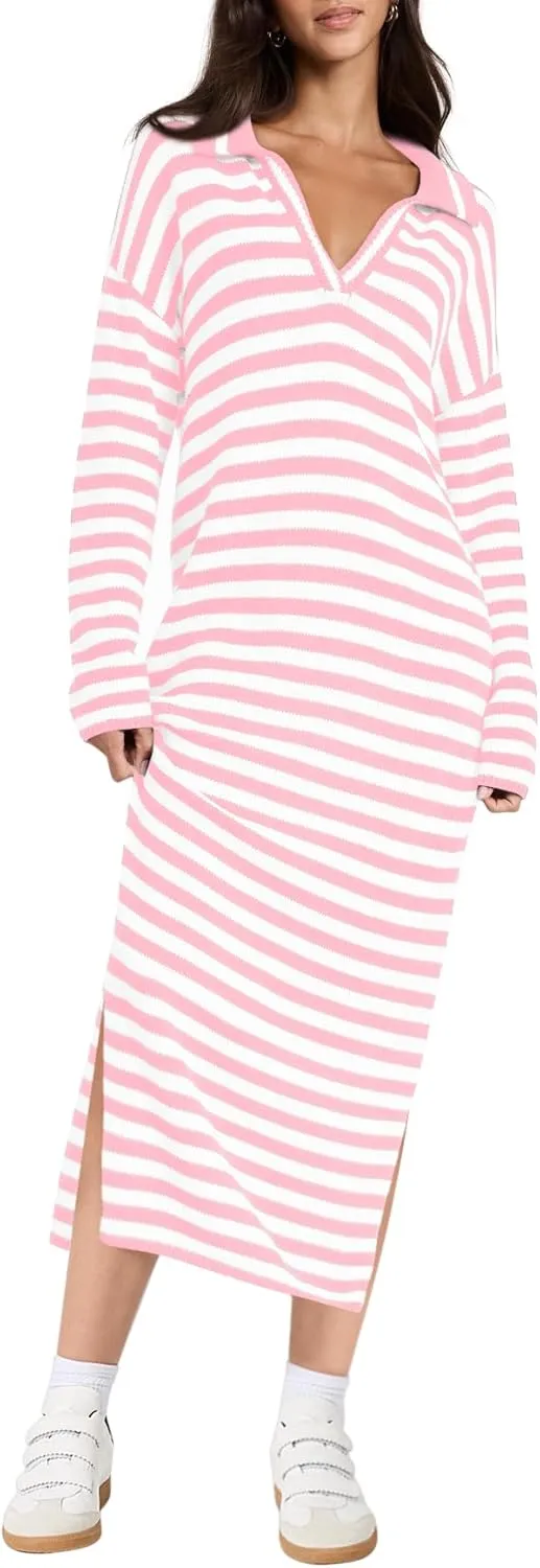 Yousify Sweater Dress for Women Long Sleeve Striped Color Block V Neck Casual Fall Dresses XS-XL