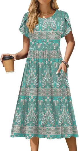 Zeagoo Women Summer Short Sleeve Midi Dress with Pockets Casual Aline Flowy Tshirt Dress Floral Vocation Beach Sundress