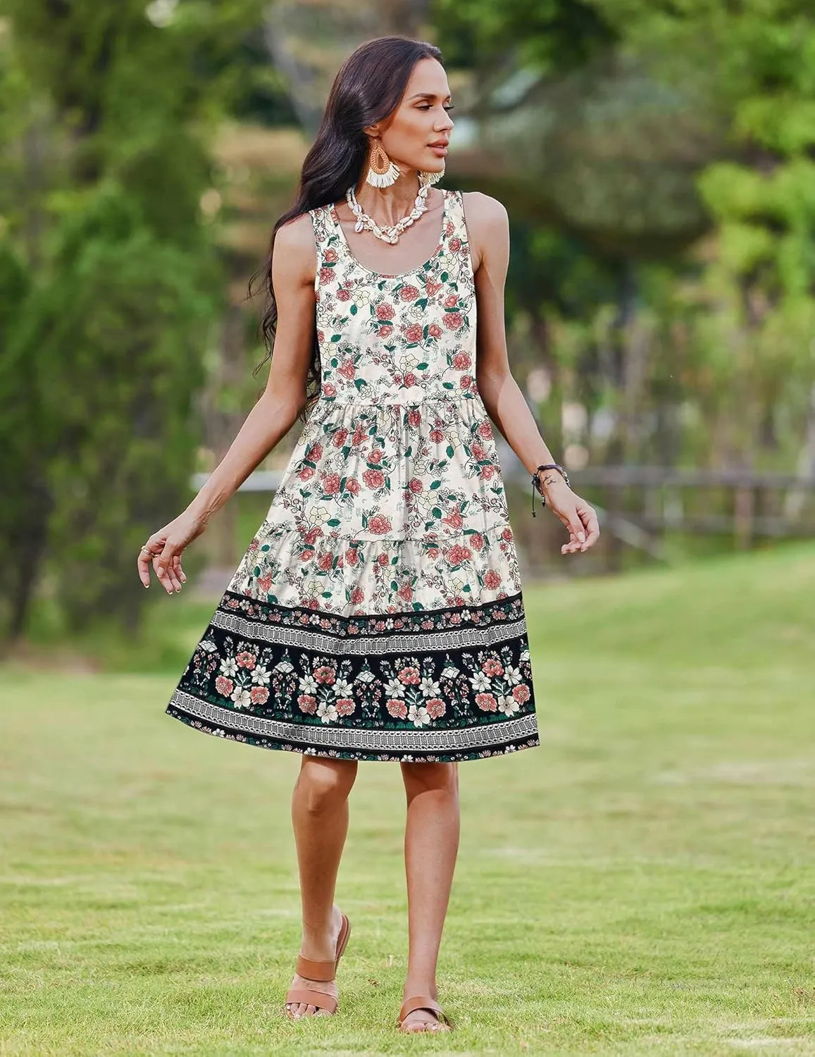Zeagoo Womens Summer Sundress Boho Floral Casual Tank Dresses with Pockets Sleeveless Tiered Swing A Line Beach Dress