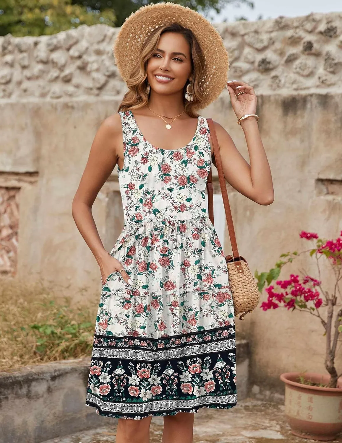 Zeagoo Womens Summer Sundress Boho Floral Casual Tank Dresses with Pockets Sleeveless Tiered Swing A Line Beach Dress