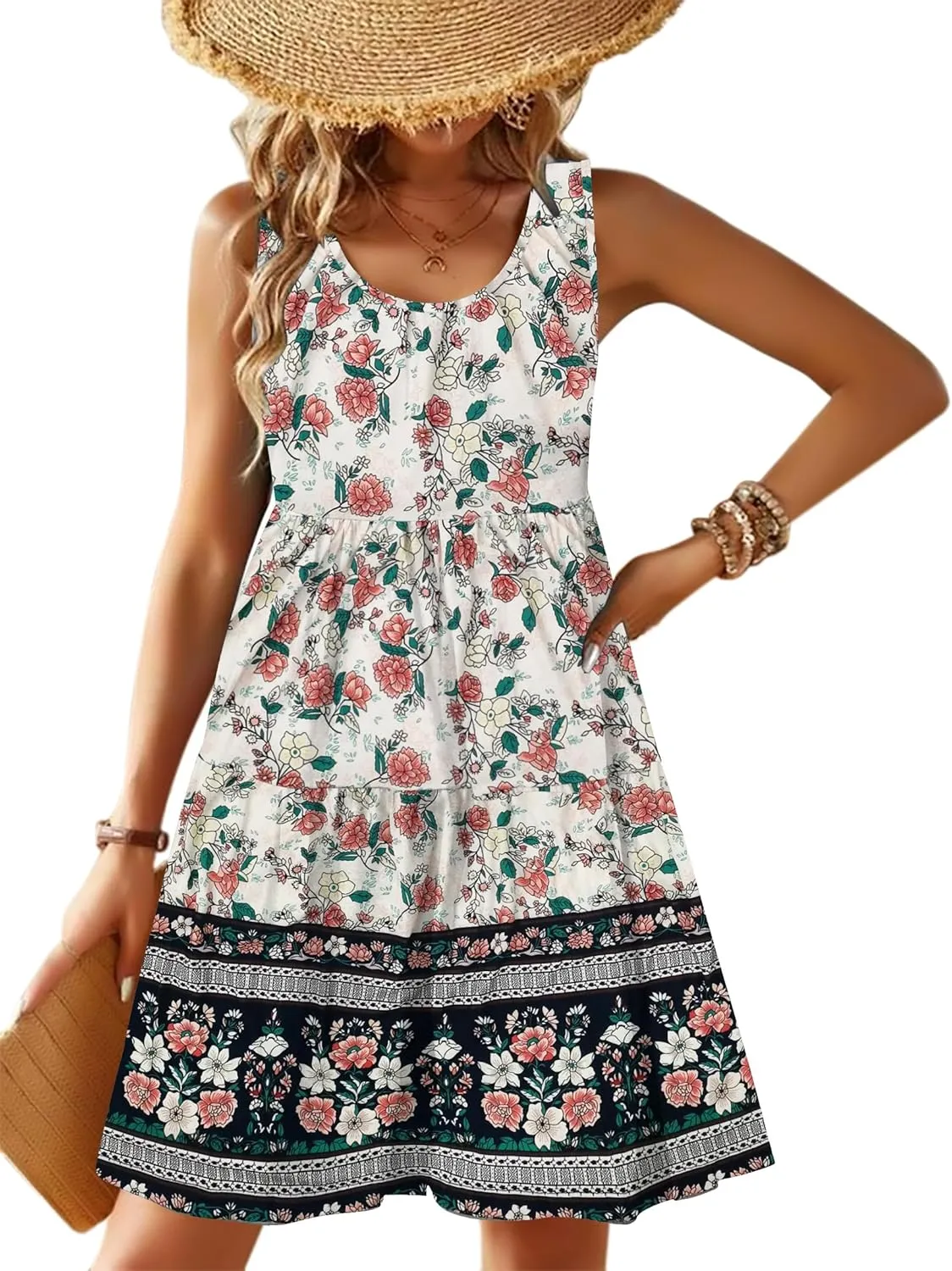 Zeagoo Womens Summer Sundress Boho Floral Casual Tank Dresses with Pockets Sleeveless Tiered Swing A Line Beach Dress