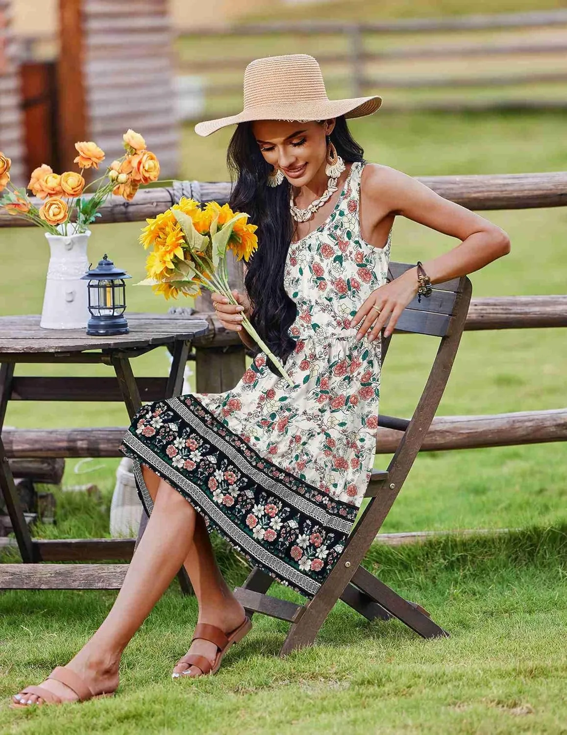 Zeagoo Womens Summer Sundress Boho Floral Casual Tank Dresses with Pockets Sleeveless Tiered Swing A Line Beach Dress