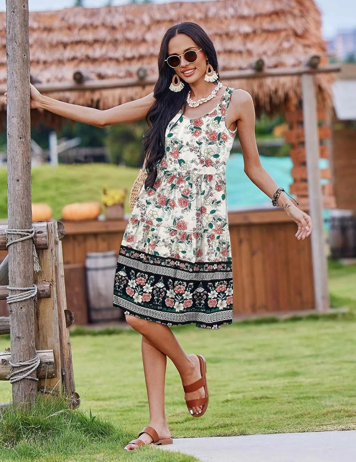 Zeagoo Womens Summer Sundress Boho Floral Casual Tank Dresses with Pockets Sleeveless Tiered Swing A Line Beach Dress
